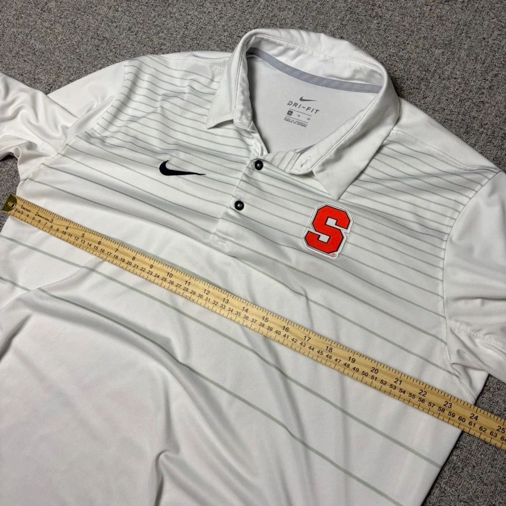 Nike Polo Shirt Mens XL White Syracuse Orange Dri-FIT Striped Short Sleeve Golf